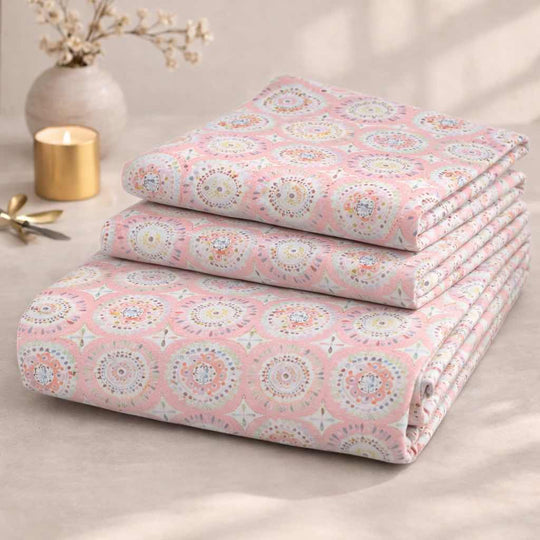 Blush Medallion Pink Premium Cotton Blend 210TC Gulzar Bedsheet, Cloud Soft Double Bed