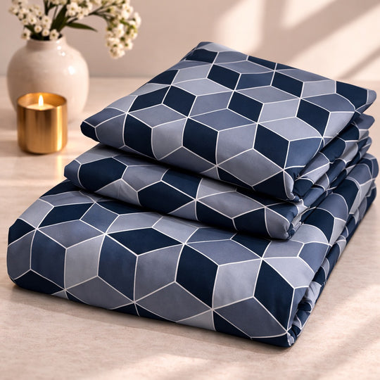 Navy Geometric Cube Premium Cotton Blend 210TC Gulzar Bedsheet, Cloud Soft Double Bed