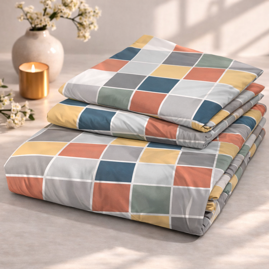 Modern Mosaic Squares Premium Cotton Blend 210TC Gulzar Bedsheet, Cloud Soft Double Bed