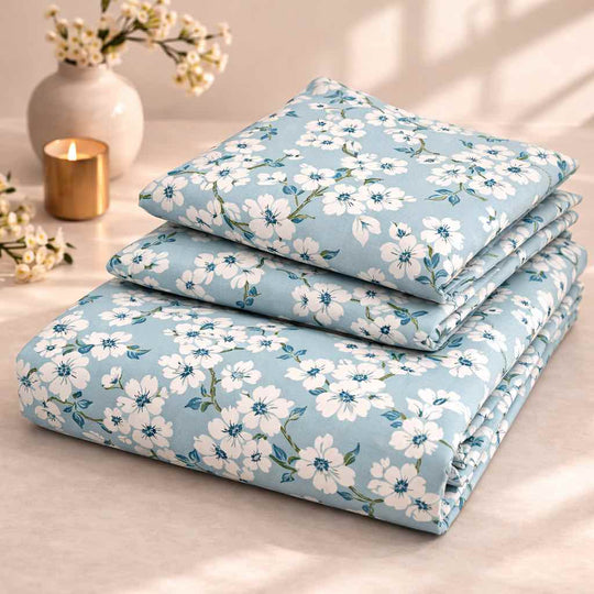Sky Blossom Premium Cotton Blend 210TC Gulzar Bedsheet, Cloud Soft Double Bed