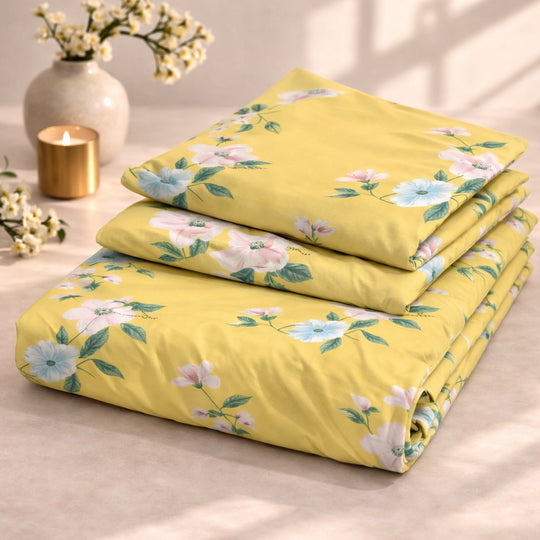 Sunlit Blossom Yellow Premium Cotton Blend 210TC Gulzar Bedsheet, Cloud Soft Double Bed
