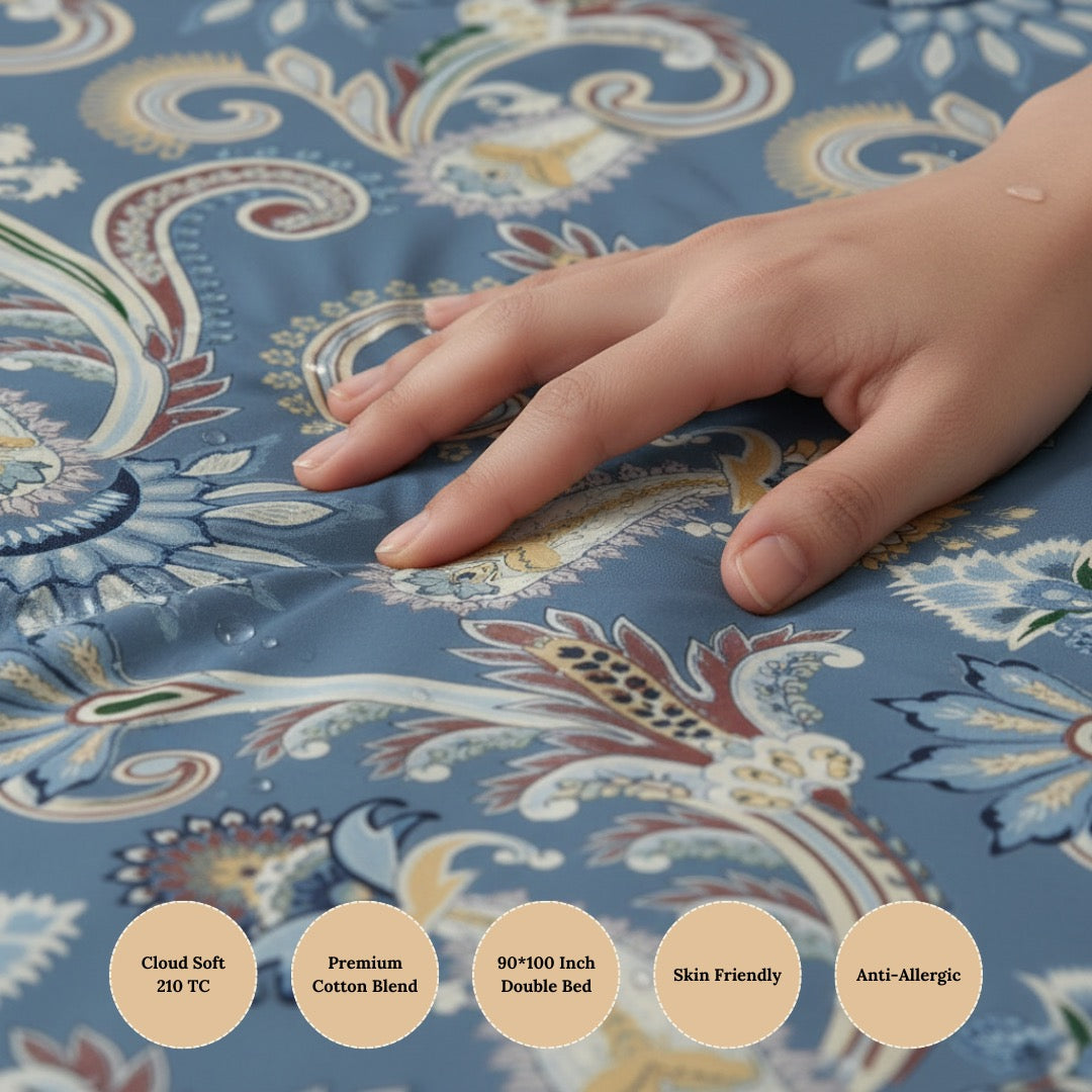 Royal Paisley Blue Premium Cotton Blend 210TC Gulzar Bedsheet, Cloud Soft Double Bed