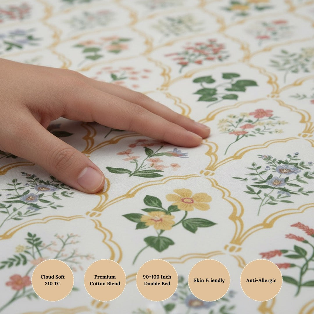 Vintage Floral Trellis Premium Cotton Blend 210TC Gulzar Bedsheet, Cloud Soft Double Bed