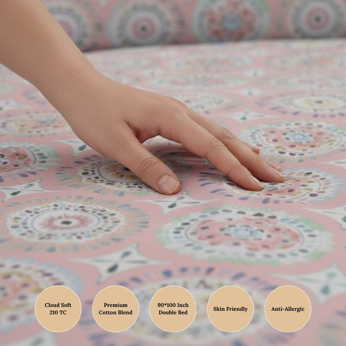 Blush Medallion Pink Premium Cotton Blend 210TC Gulzar Bedsheet, Cloud Soft Double Bed detail