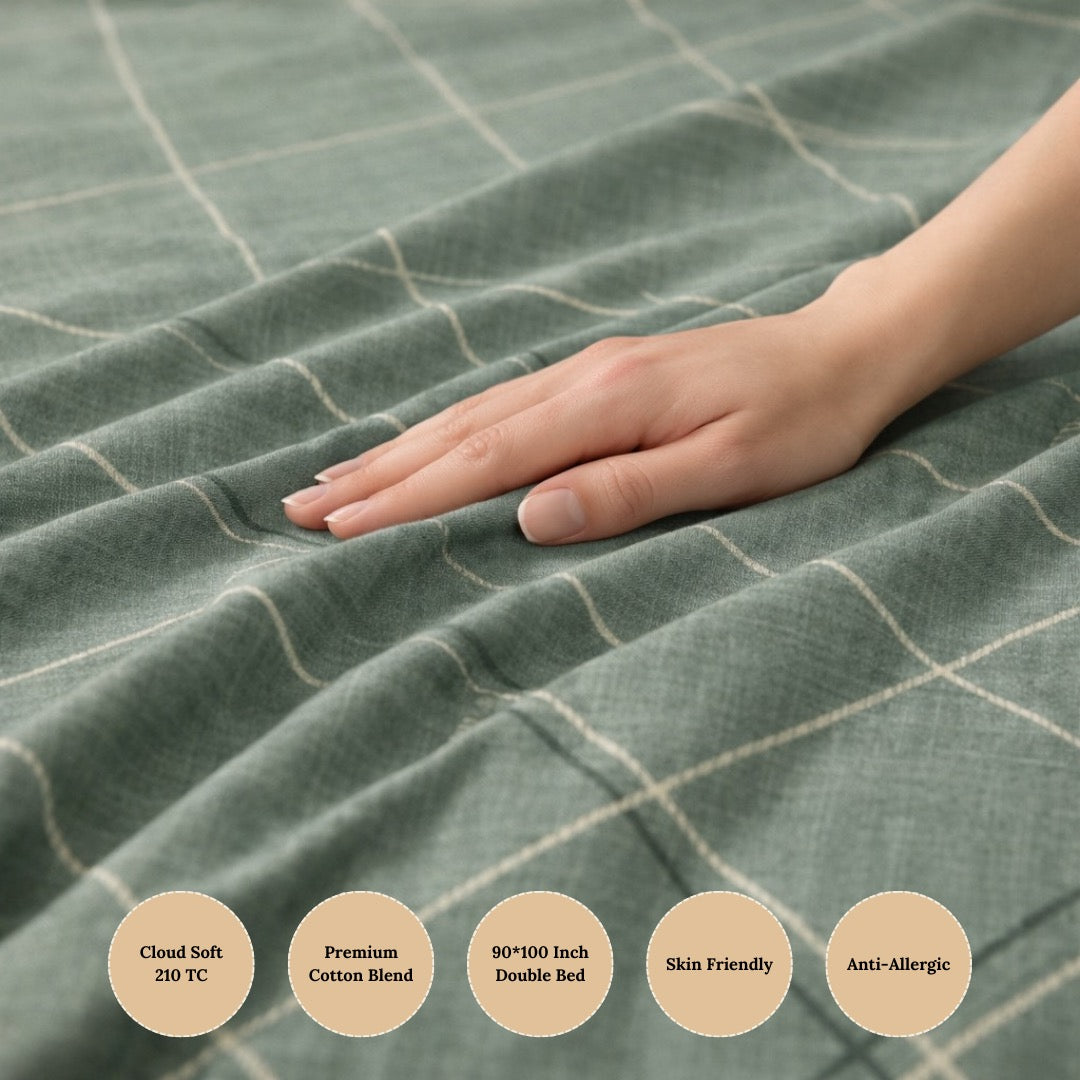 Serene Green Premium Cotton Blend 210TC Gulzar Bedsheet, Cloud Soft Double Bed