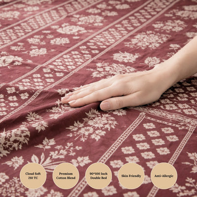 Royal Maroon Heritage Premium Cotton Blend 210TC Gulzar Bedsheet, Cloud Soft Double Bed