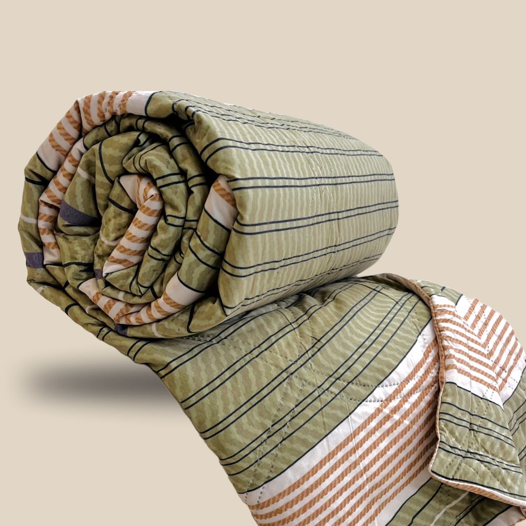 Striped Green | Double Bed Cotton Comforter | Thin & Lightweight - Harsh Foundation India