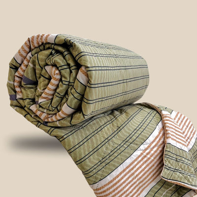 Striped Green | Double Bed Cotton Comforter | Thin & Lightweight