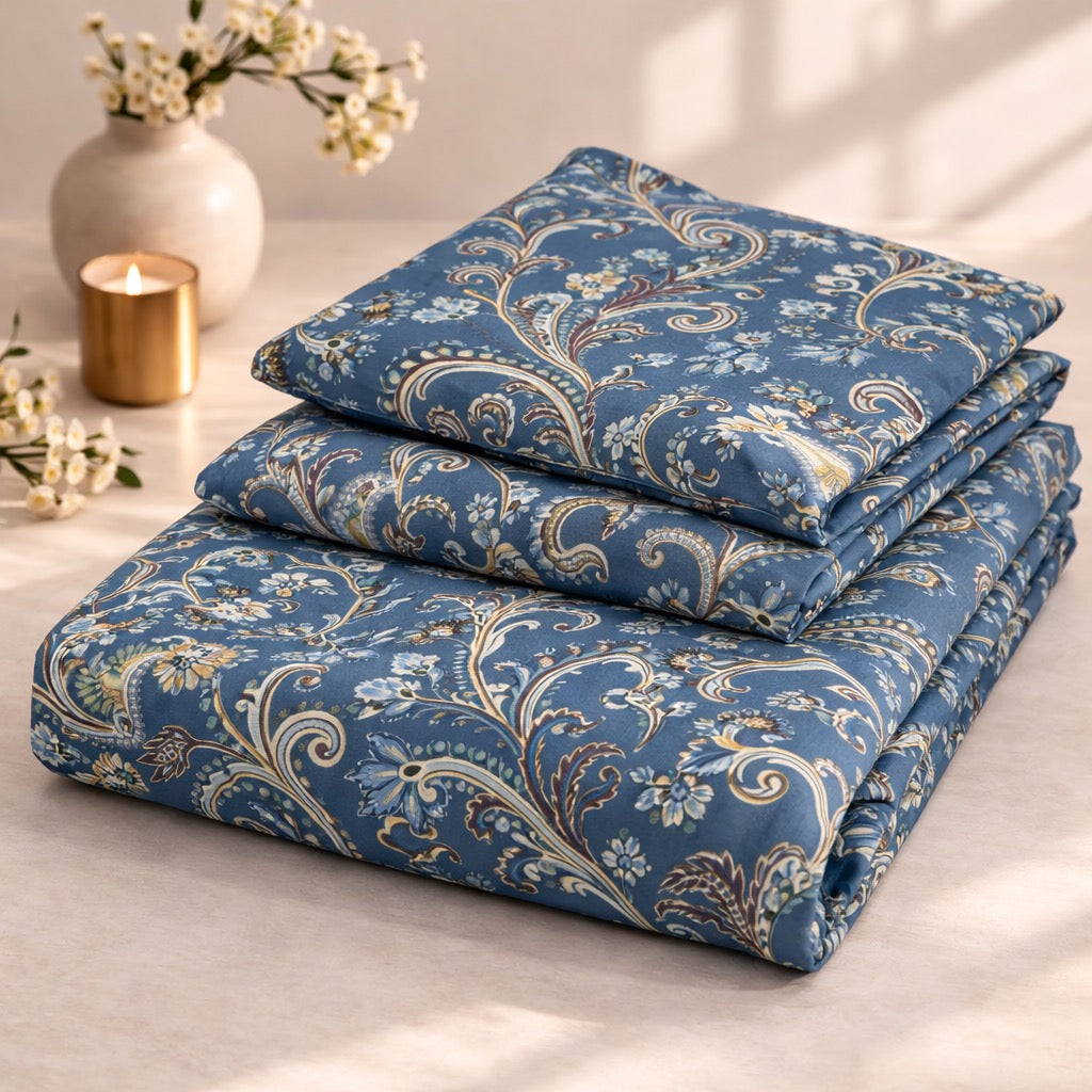 Royal Paisley Blue Premium Cotton Blend 210TC Gulzar Bedsheet, Cloud Soft Double Bed