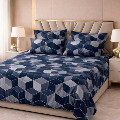 Navy Geometric Cube Premium Cotton Blend 210TC Gulzar Bedsheet, Cloud Soft Double Bed