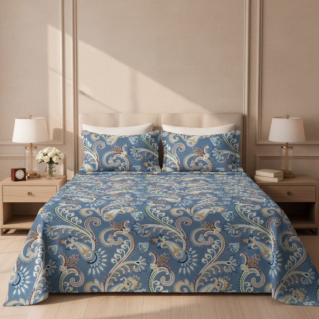 Royal Paisley Blue Premium Cotton Blend 210TC Gulzar Bedsheet, Cloud Soft Double Bed
