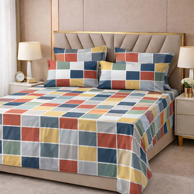 Modern Mosaic Squares Premium Cotton Blend 210TC Gulzar Bedsheet, Cloud Soft Double Bed