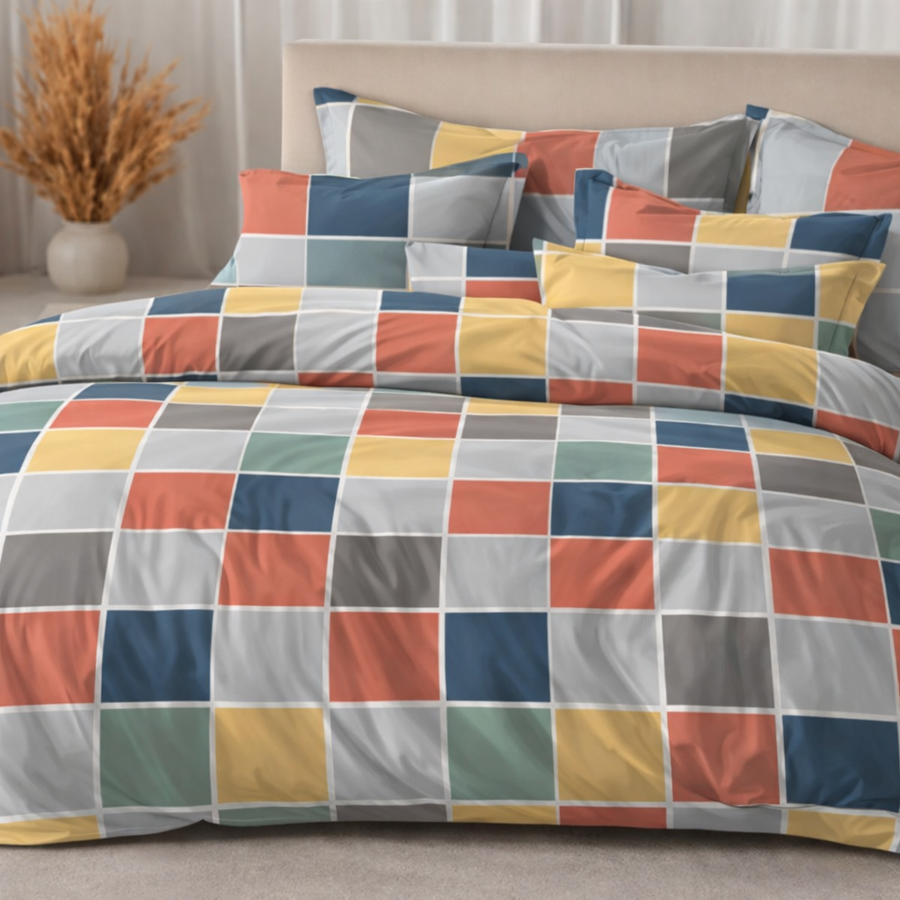 Modern Mosaic Squares Gulzar Comforter – Cloud Soft Microfibre Filled, 210 TC Cotton Blend, Double Bed