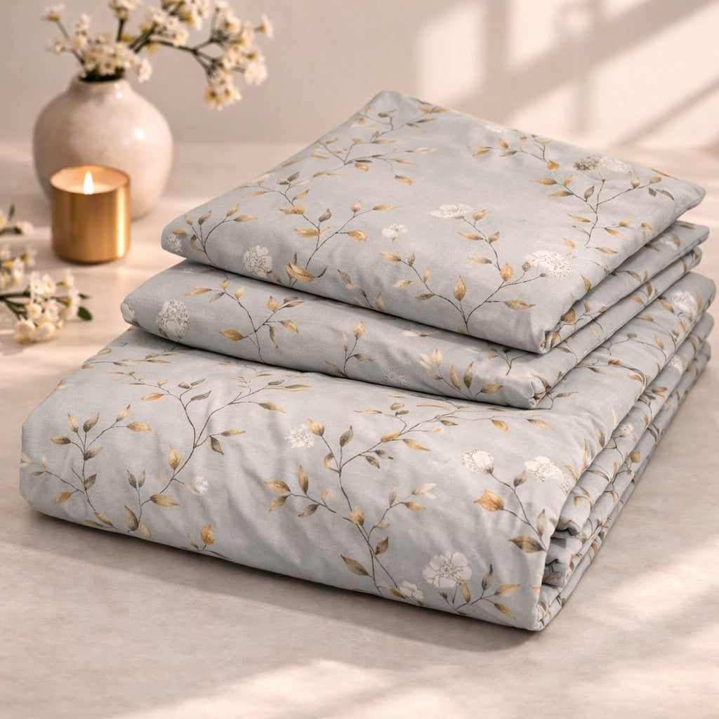 Grey Botanical Garden Premium Cotton Blend 210TC Gulzar Bedsheet, Cloud Soft Double Bed