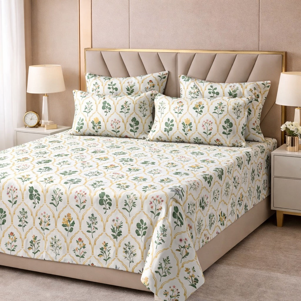 Vintage Floral Trellis Premium Cotton Blend 210TC Gulzar Bedsheet, Cloud Soft Double Bed