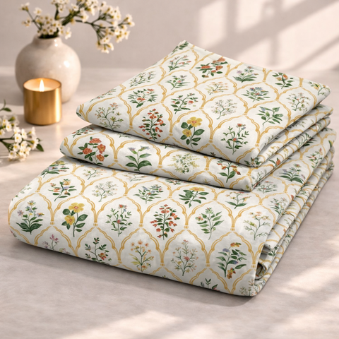 Vintage Floral Trellis Premium Cotton Blend 210TC Gulzar Bedsheet, Cloud Soft Double Bed