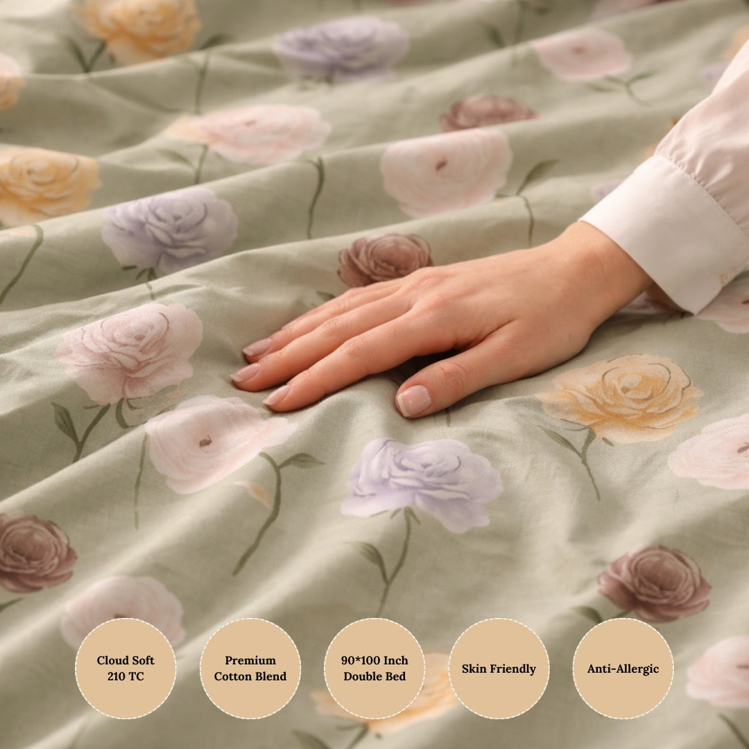 Pastel Rose Meadow Premium Cotton Blend 210TC Gulzar Bedsheet, Cloud Soft Double Bed