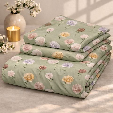 Pastel Rose Meadow Premium Cotton Blend 210TC Gulzar Bedsheet, Cloud Soft Double Bed