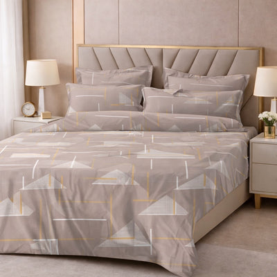 Taupe Abstract Geometry Premium Cotton Blend 210TC Gulzar Bedsheet, Cloud Soft Double Bed