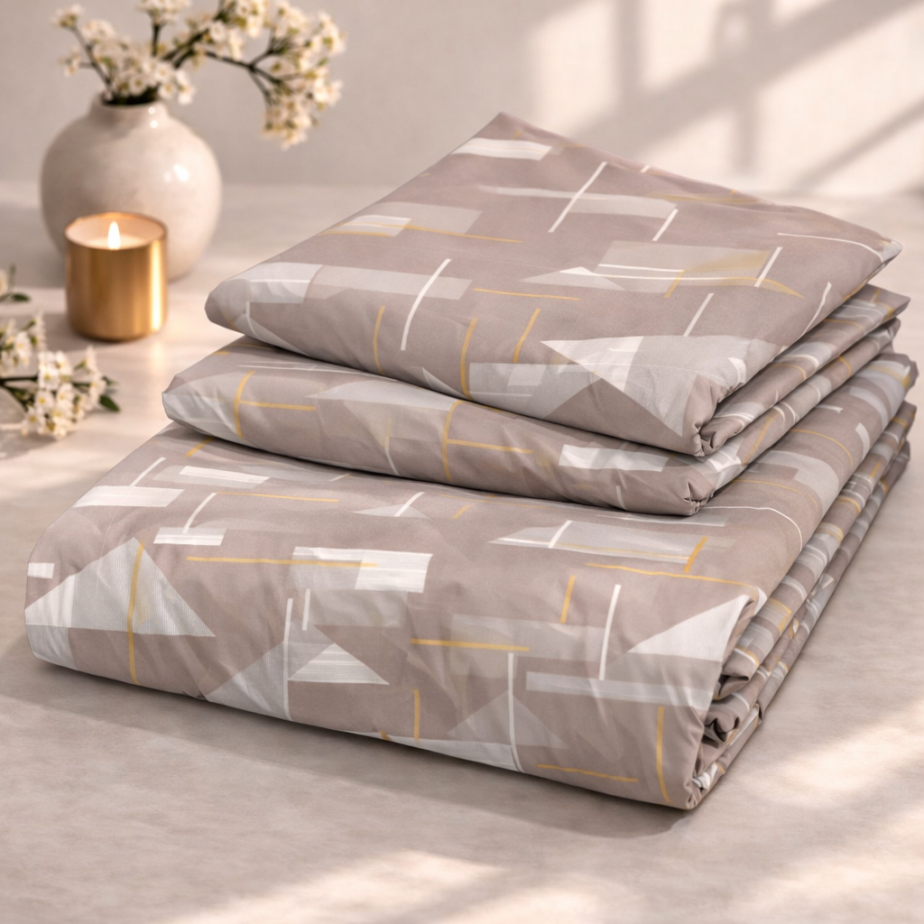 Taupe Abstract Geometry Premium Cotton Blend 210TC Gulzar Bedsheet, Cloud Soft Double Bed