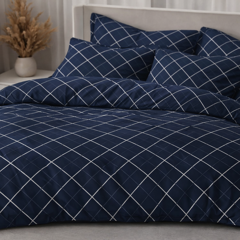 Navy Blue Geometrical Gulzar Comforter – Cloud Soft Microfibre Filled, 210 TC Cotton Blend, Double Bed