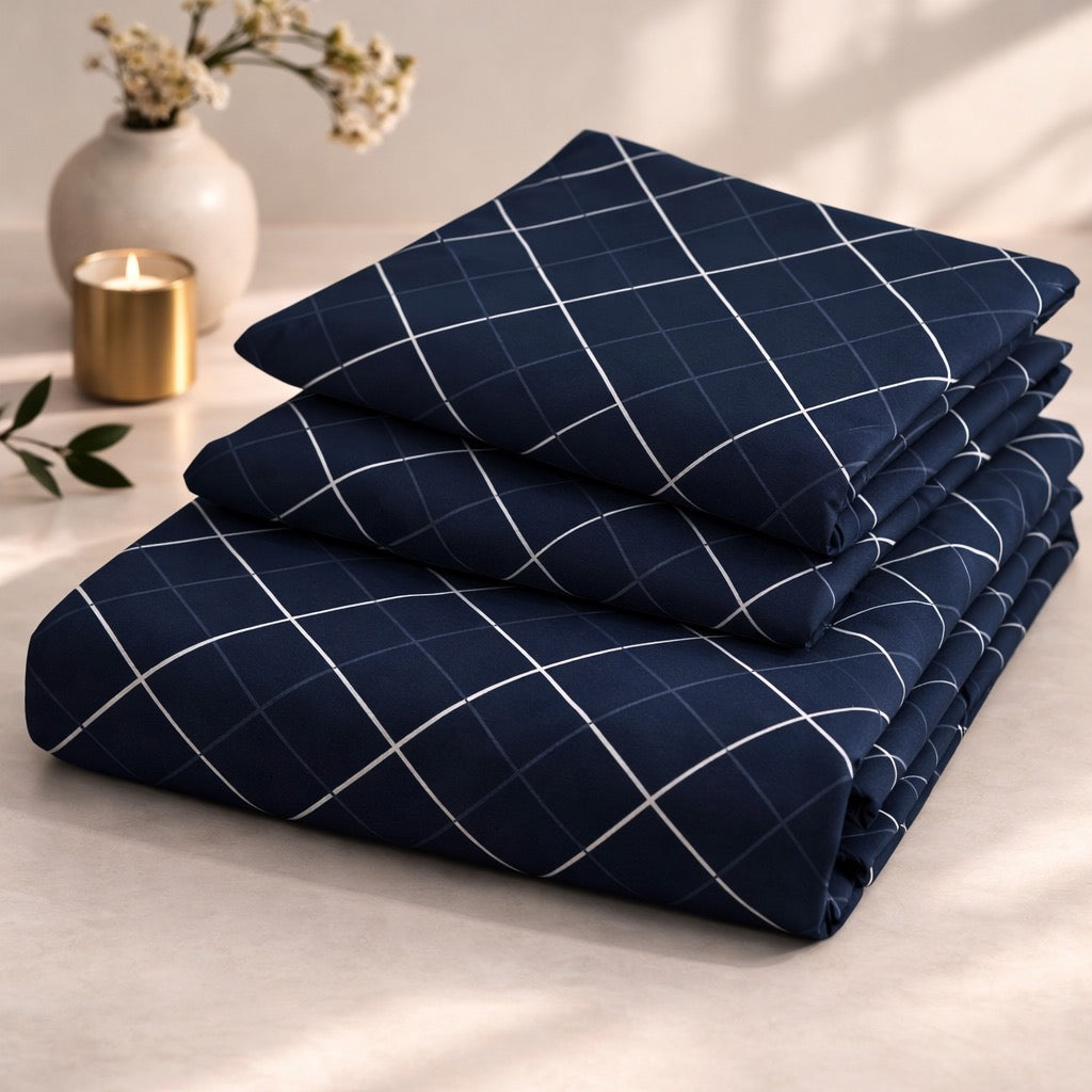Navy Blue Geometrical Premium Cotton Blend 210TC Gulzar Bedsheet, Cloud Soft Double Bed