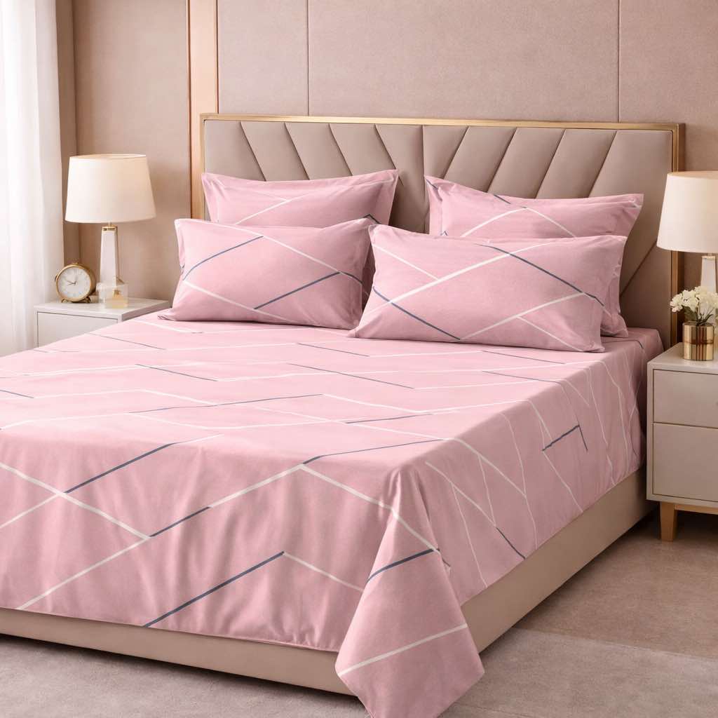Blush Minimal Lines Premium Cotton Blend 210TC Gulzar Bedsheet, Cloud Soft Double Bed