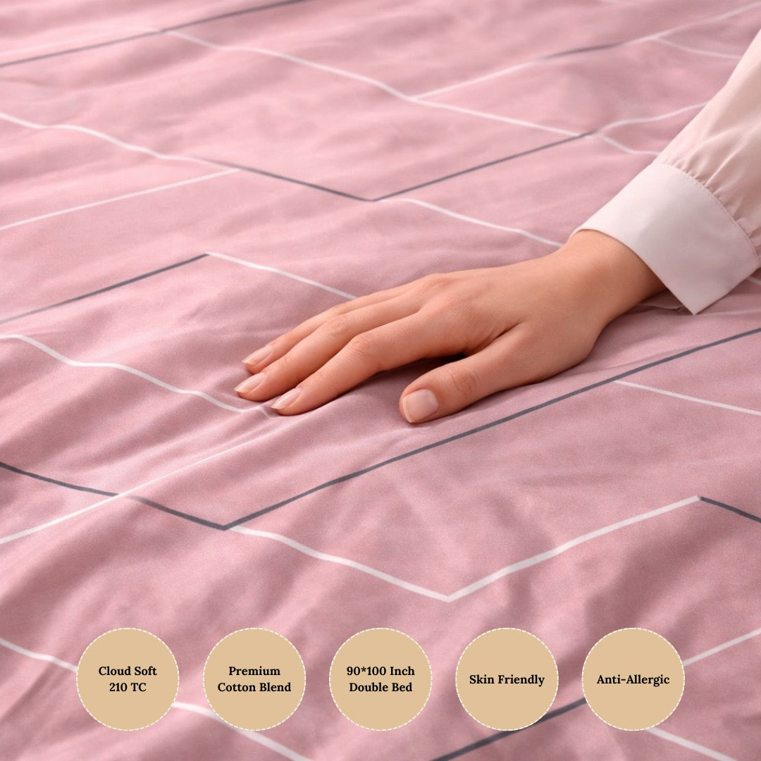 Blush Minimal Lines Premium Cotton Blend 210TC Gulzar Bedsheet, Cloud Soft Double Bed