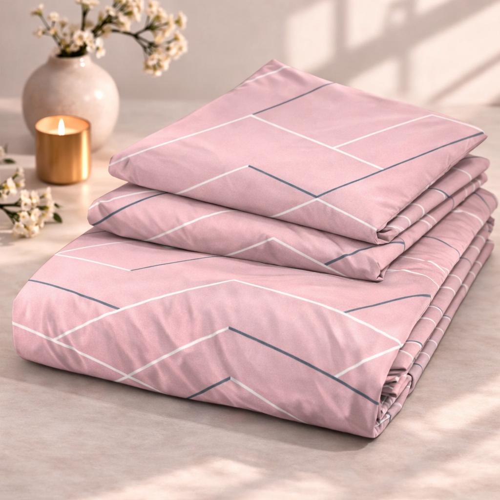 Blush Minimal Lines Premium Cotton Blend 210TC Gulzar Bedsheet, Cloud Soft Double Bed