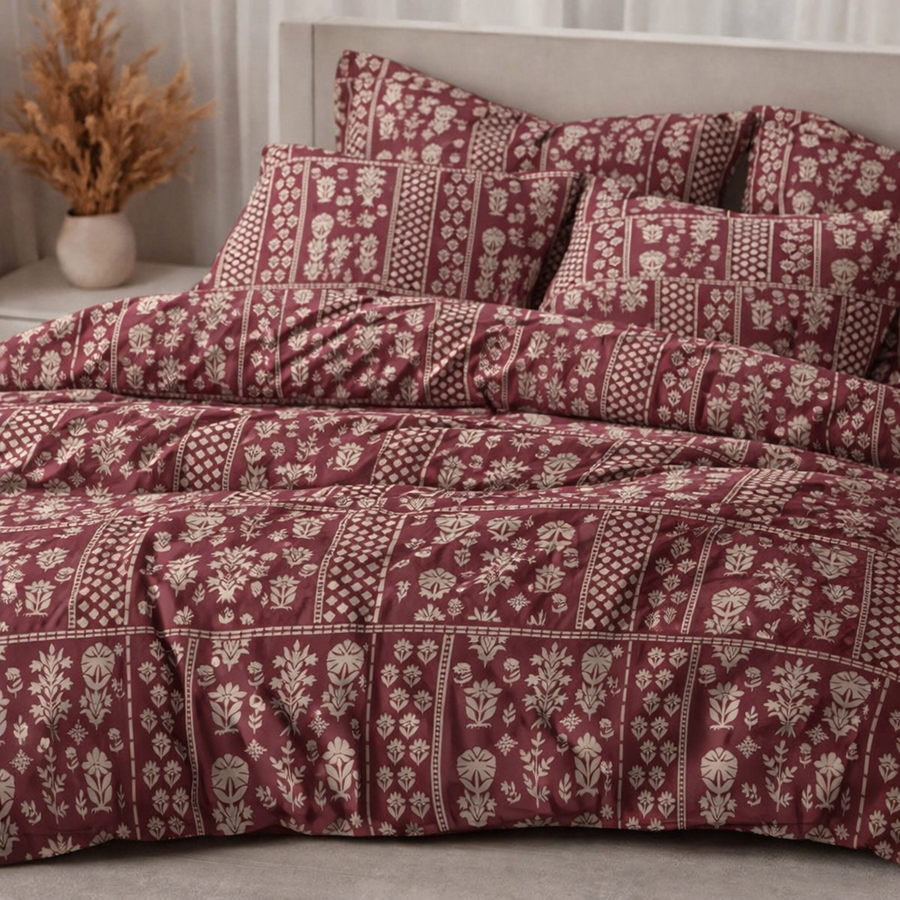 Royal Maroon Heritage Gulzar Comforter – Cloud Soft Microfibre Filled, 210 TC Cotton Blend, Double Bed