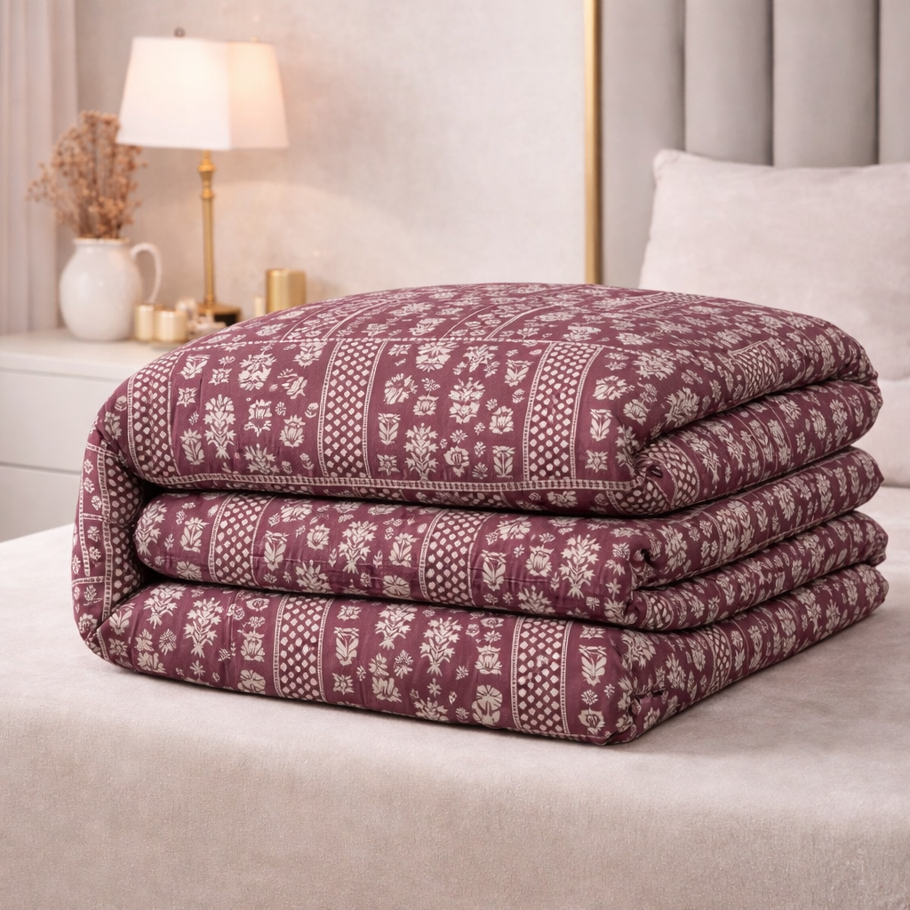 Royal Maroon Heritage Gulzar Comforter – Cloud Soft Microfibre Filled, 210 TC Cotton Blend, Double Bed