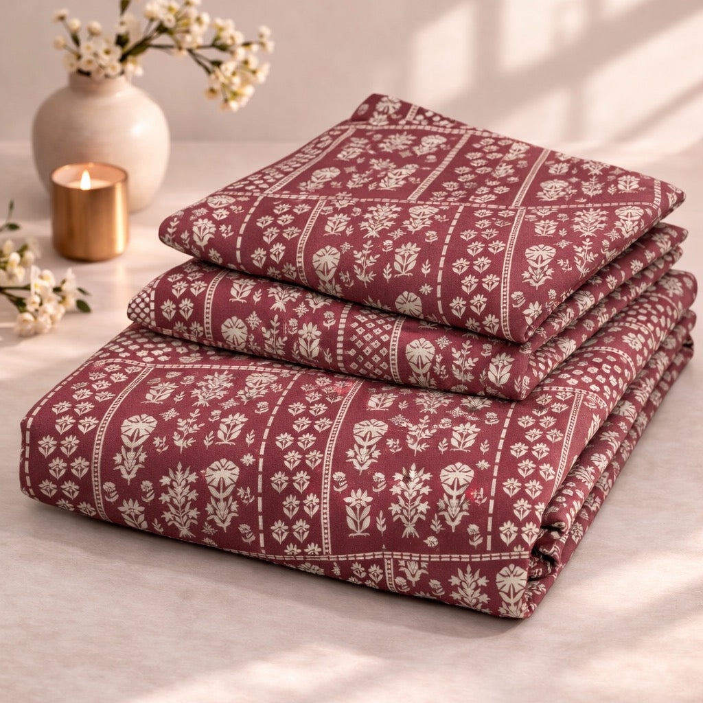 Royal Maroon Heritage Premium Cotton Blend 210TC Gulzar Bedsheet, Cloud Soft Double Bed