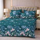 Midnight Wildflower Teal Premium Cotton Blend 210TC Gulzar Bedsheet, Cloud Soft Double Bed