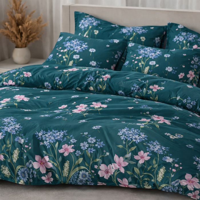 Midnight Wildflower Teal Gulzar Comforter – Cloud Soft Microfibre Filled, 210 TC Cotton Blend, Double Bed