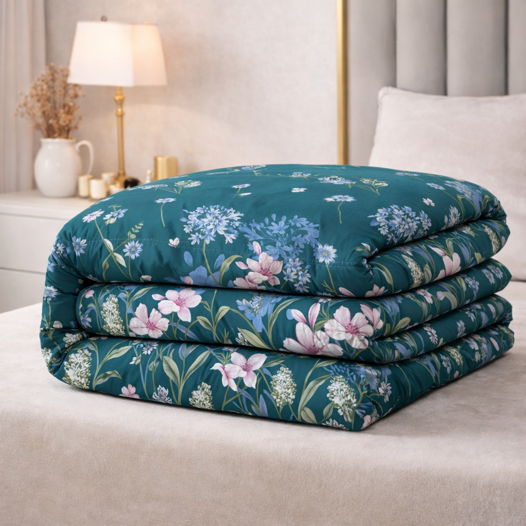 Midnight Wildflower Teal Gulzar Comforter – Cloud Soft Microfibre Filled, 210 TC Cotton Blend, Double Bed