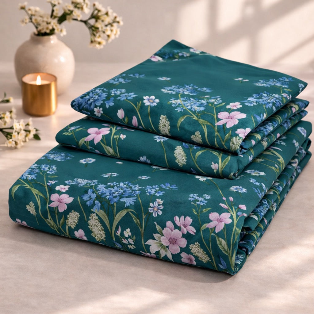Midnight Wildflower Teal Premium Cotton Blend 210TC Gulzar Bedsheet, Cloud Soft Double Bed