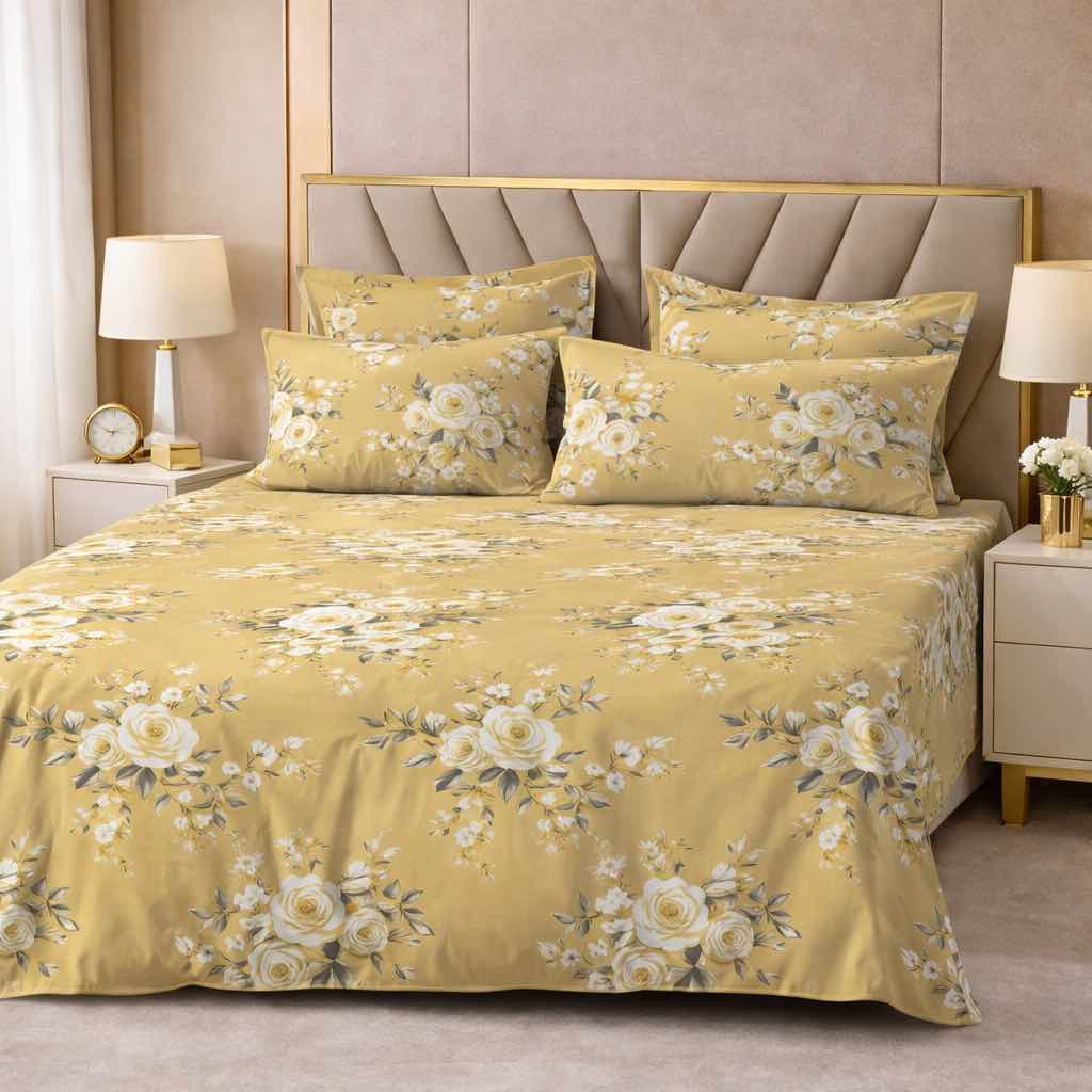 Golden Rose Garden Premium Cotton Blend 210TC Gulzar Bedsheet, Cloud Soft Double Bed