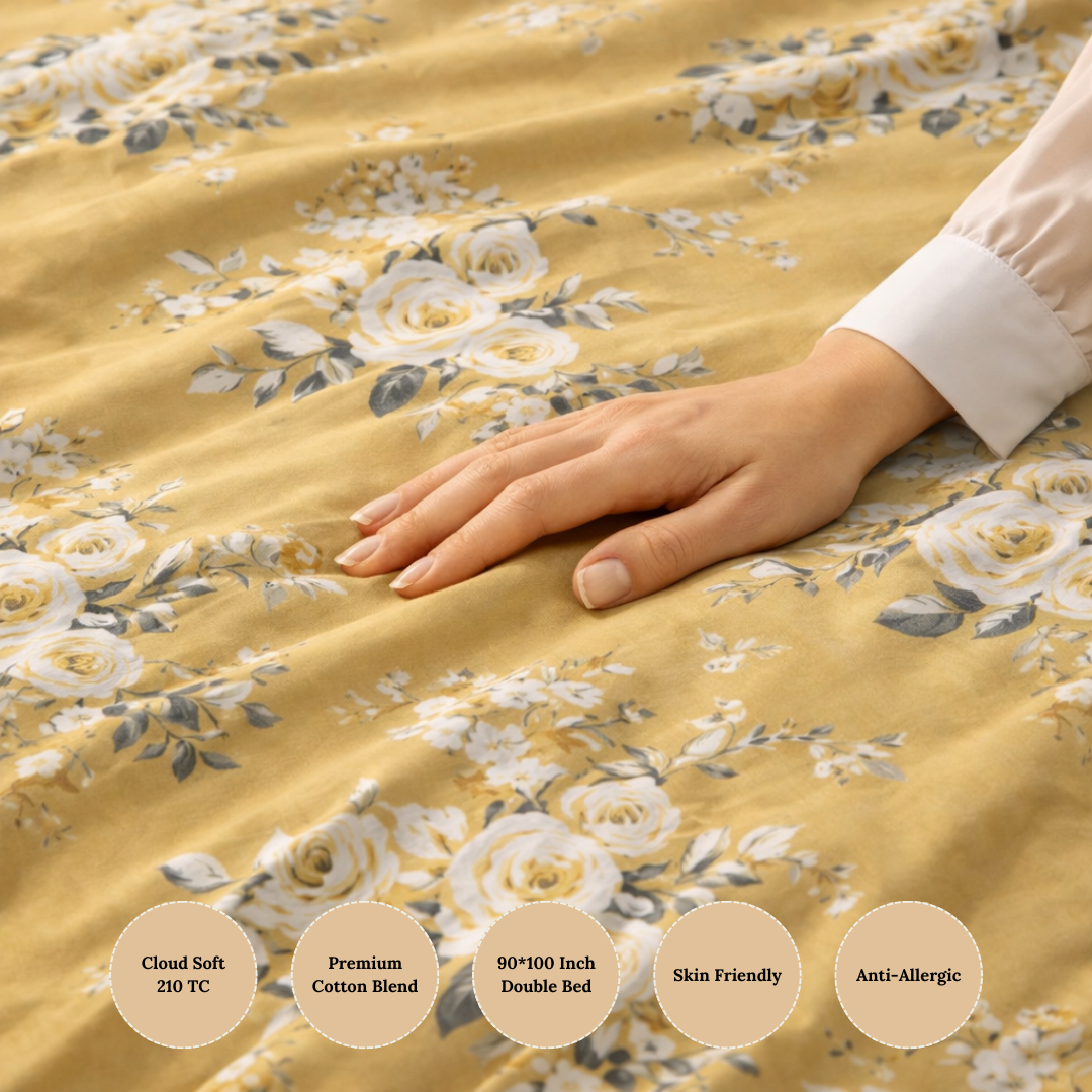 Golden Rose Garden Premium Cotton Blend 210TC Gulzar Bedsheet, Cloud Soft Double Bed