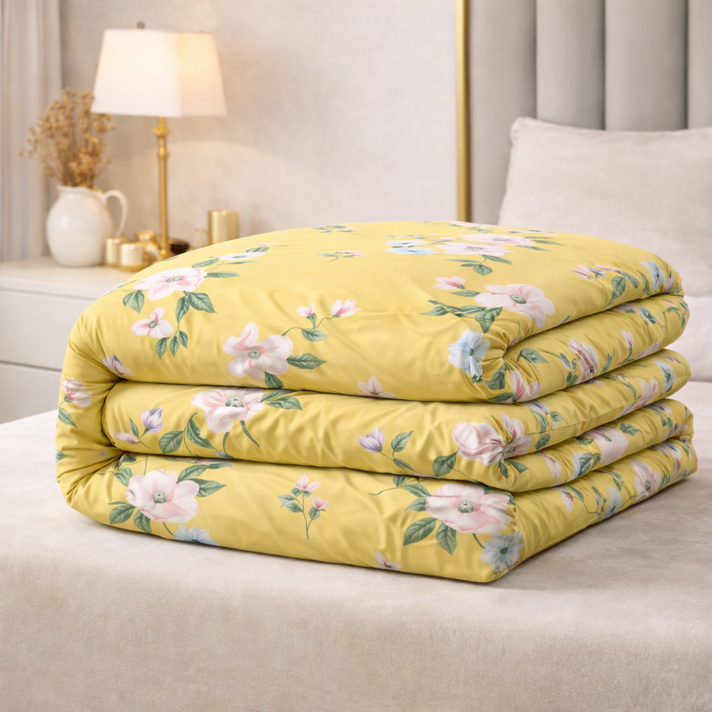 Sunlit Blossom Yellow Gulzar Comforter – Cloud Soft Microfibre Filled, 210 TC Cotton Blend, Double Bed