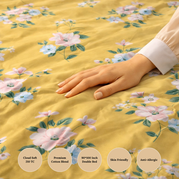 Sunlit Blossom Yellow Premium Cotton Blend 210TC Gulzar Bedsheet, Cloud Soft Double Bed detail
