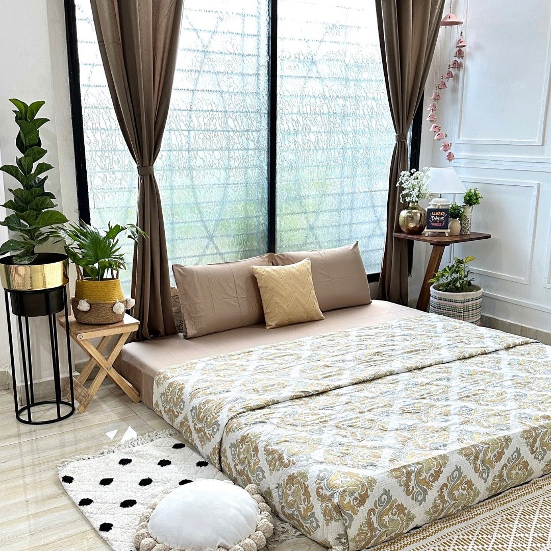 Yashika with HFI Velvet Curtain and Lightweight Comforter — HFI Bedding