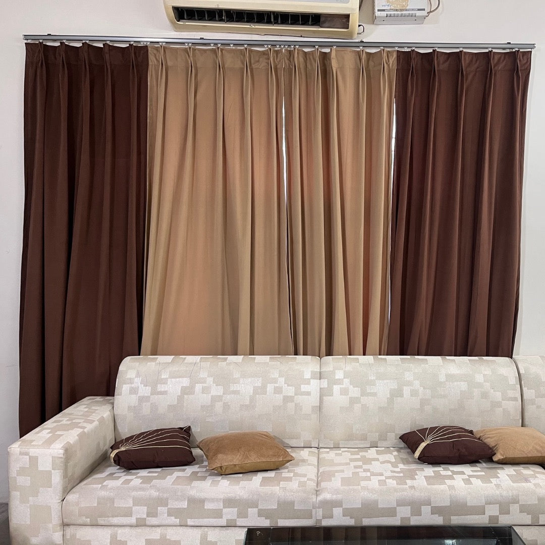 Paired beige and brown velvet curtains, blackout — HFI Bedding